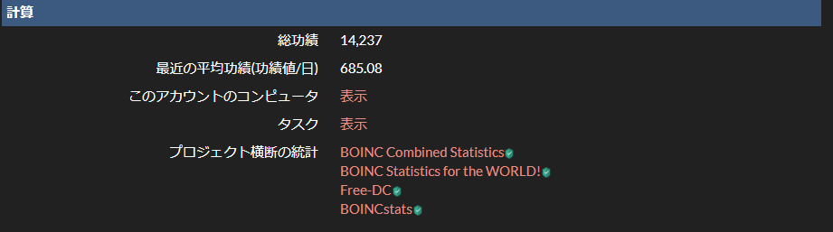 SETI@homeでの筆者の功績値（クレジット）一覧画面