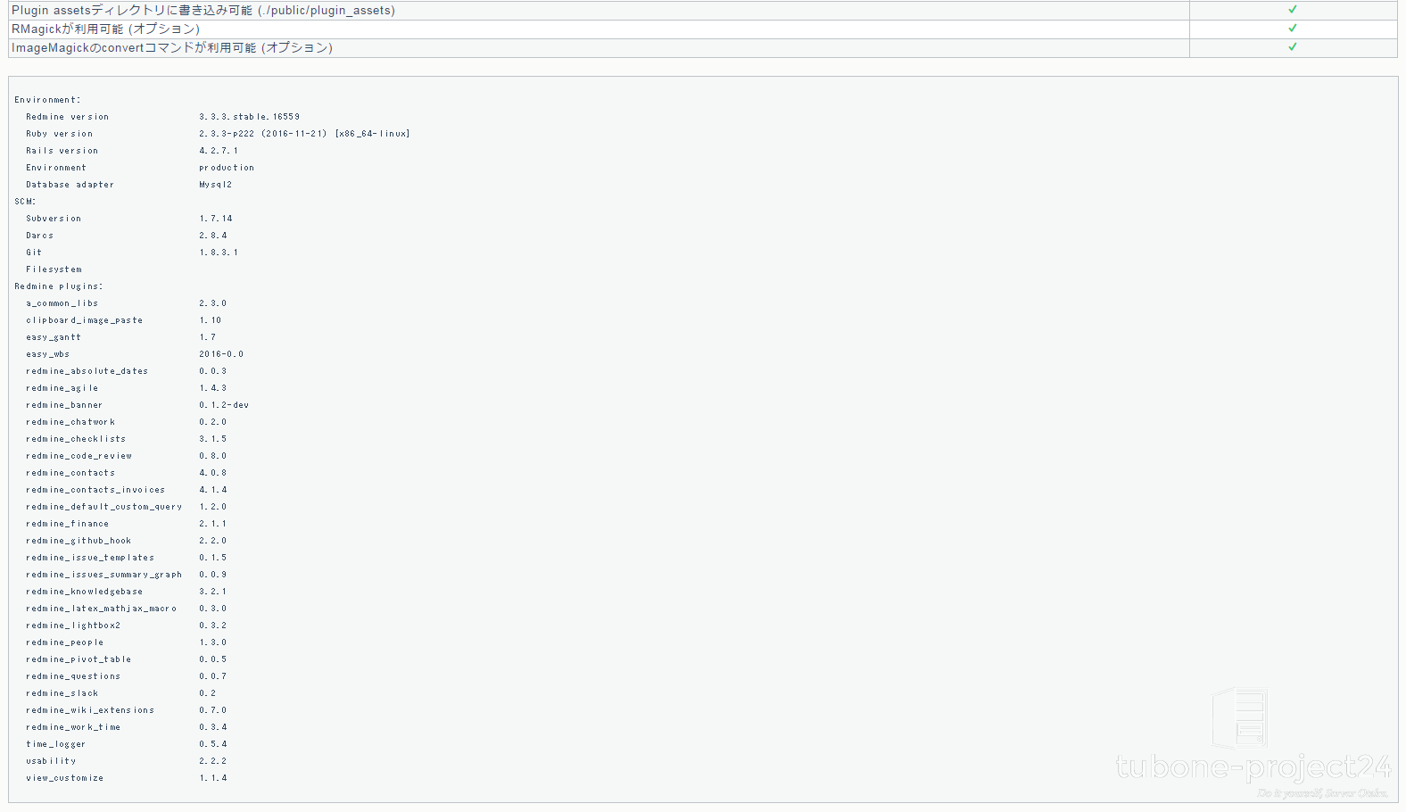 Redmineにインストール済みのプラグイン一覧画面