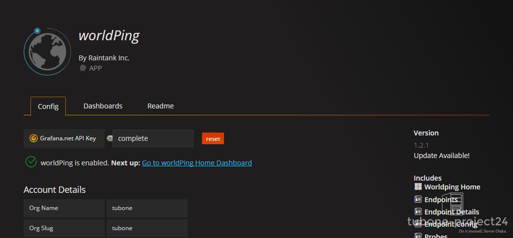World PingのPlugin Config画面でGrafana.net APIキーを設定する画面