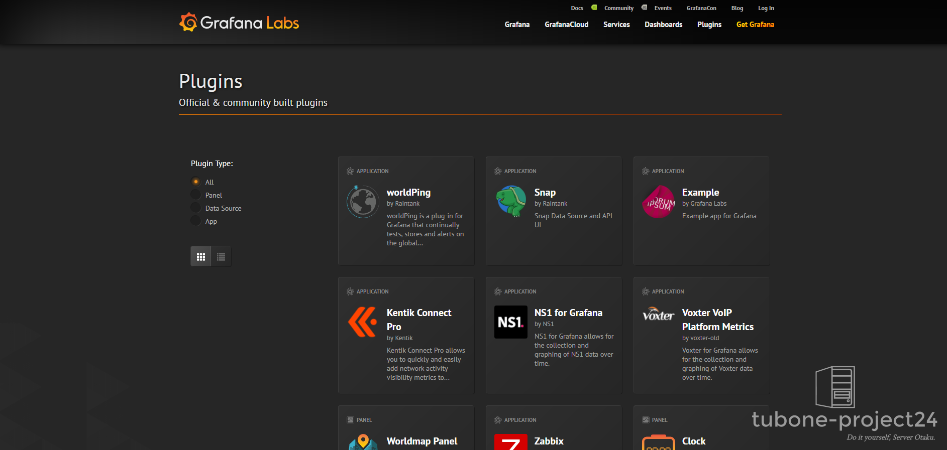 Grafanaのプラグイン一覧画面でデータソースやパネルを追加する様子