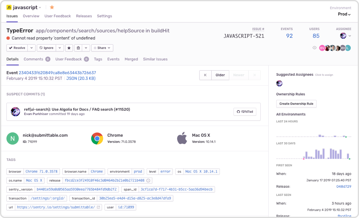 Sentryの公式サイトトップ画面:エラーイベントの収集・解析サービスの概要