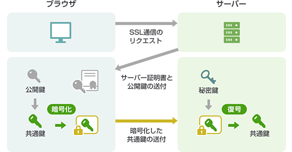 SSL/TLS通信の仕組みを示すイラスト（クライアントとサーバー間の鍵交換プロセス）