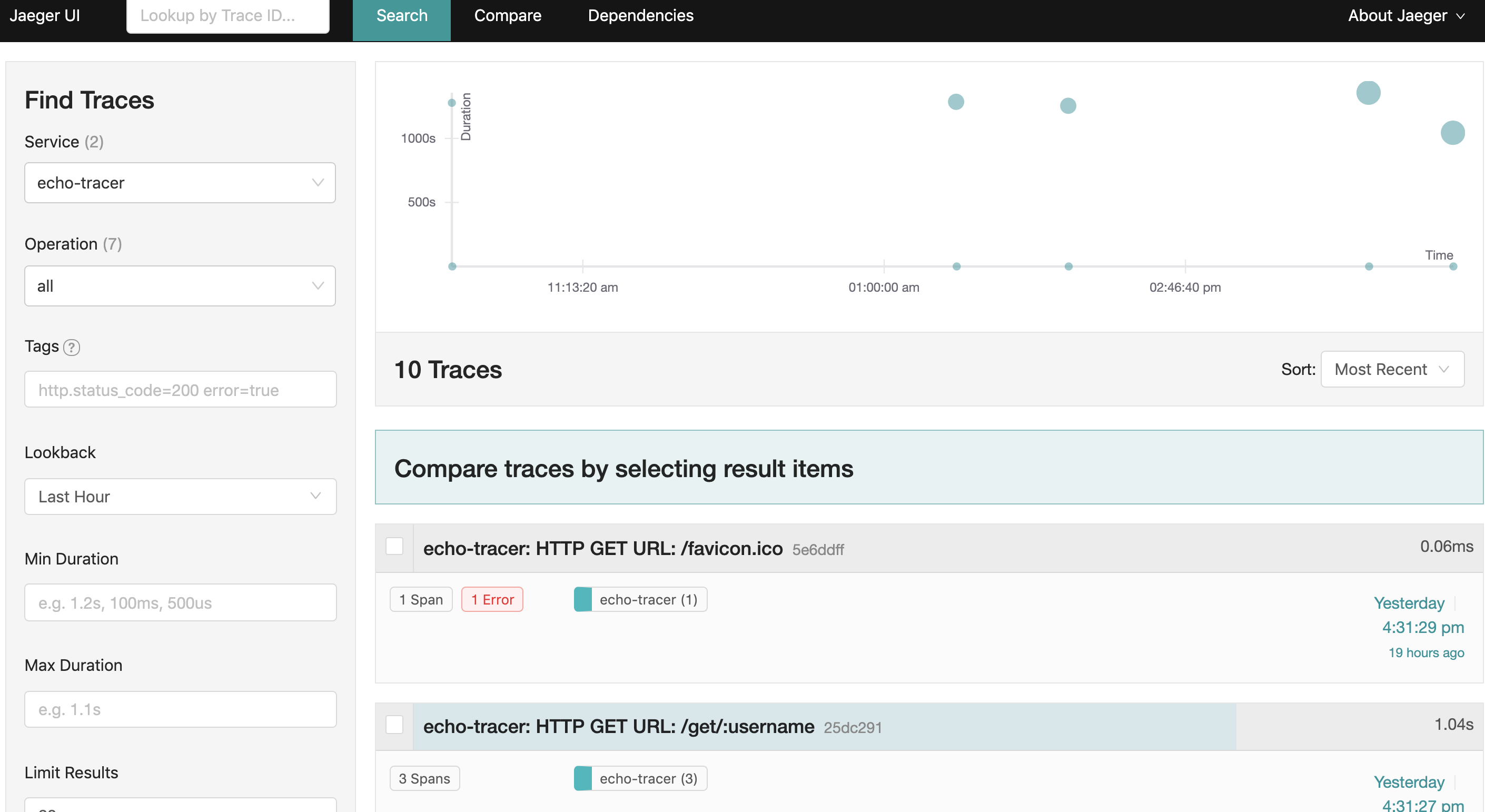 Jaeger UIでのトレーシング結果一覧画面