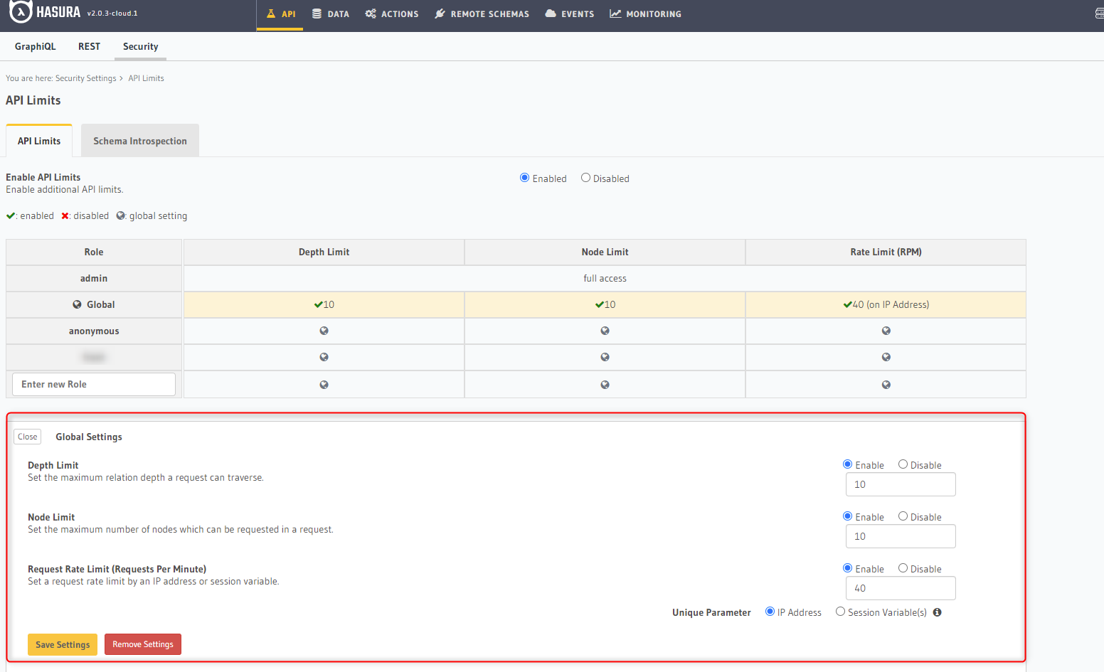 Hasura CloudのSecurityからAPIリクエストのリミットを設定する画面