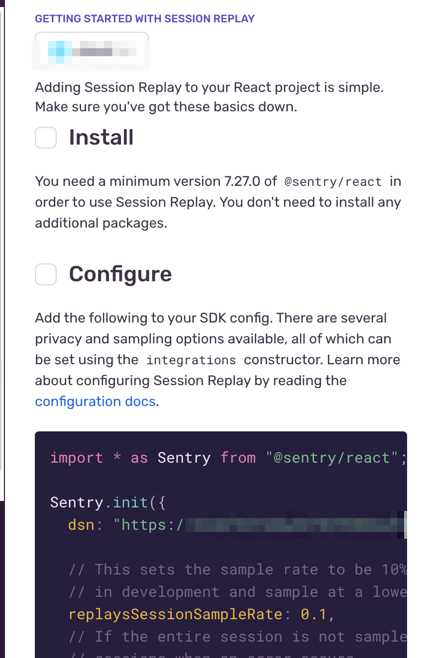 Session Replayの導入手順でSDKのバージョン要件が表示されている画面