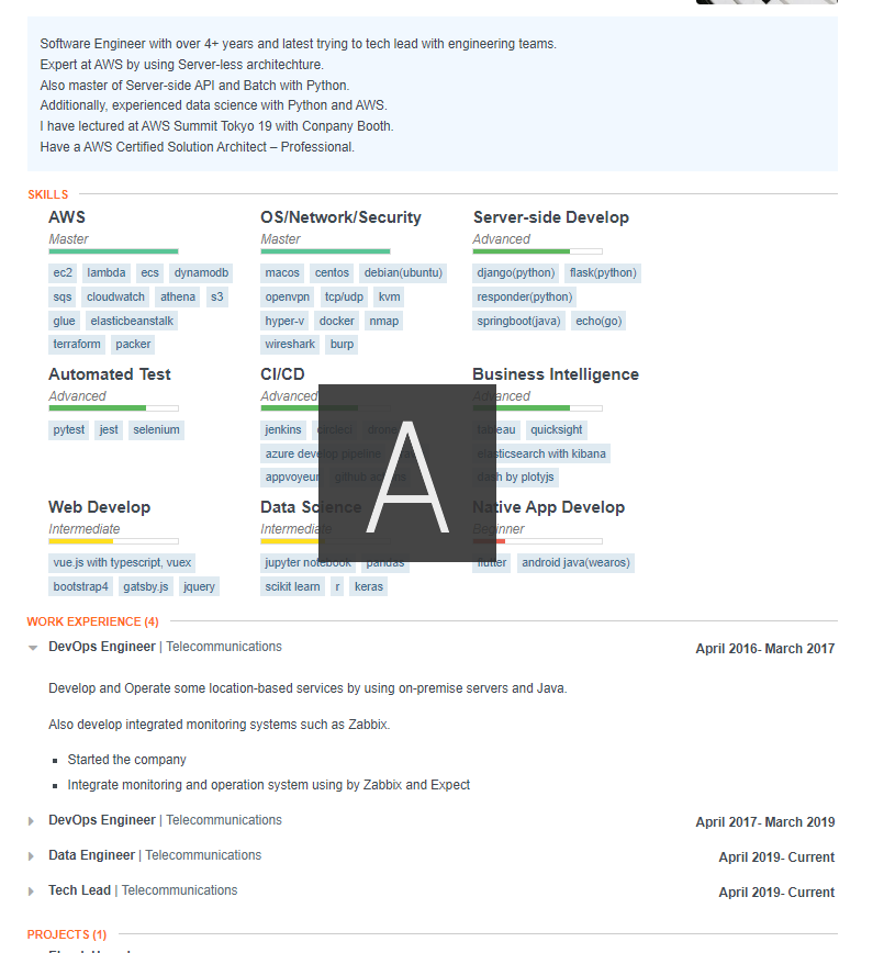 resume-cliで生成したHTMLテンプレートのレジュメ表示画面