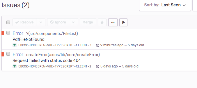 SentryのIssues一覧画面:収集されたエラーがまとめて表示されている