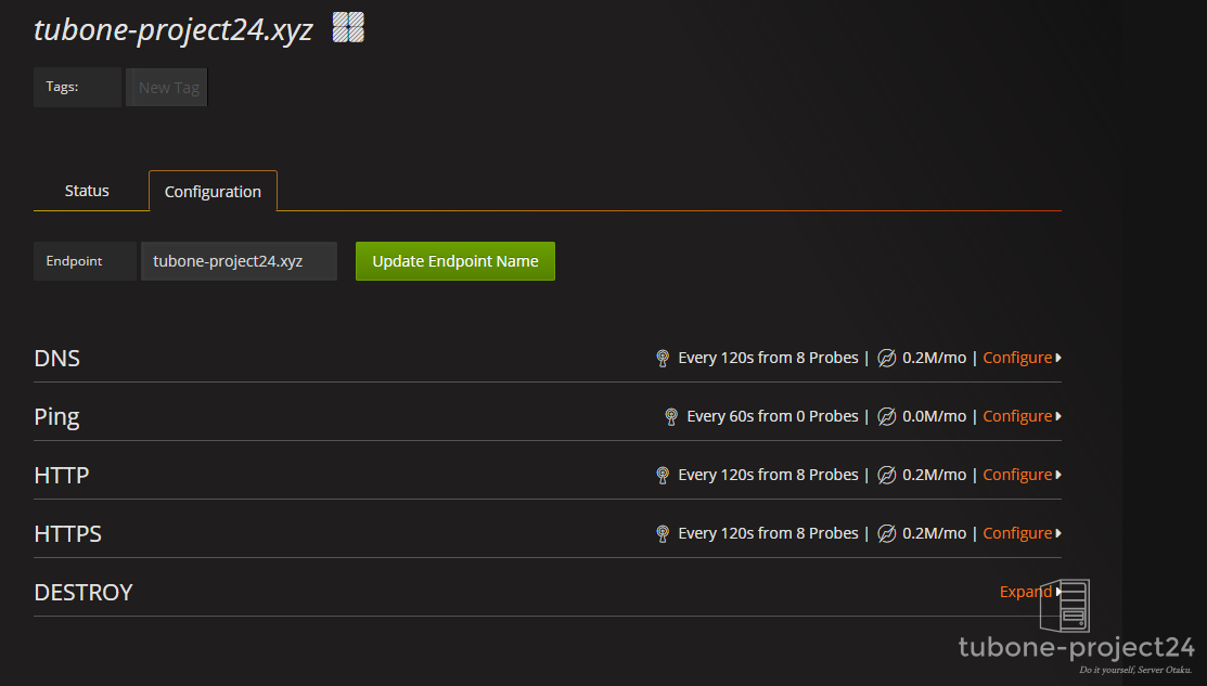 World Pingのエンドポイント追加画面でドメイン名と監視サービスを設定する様子