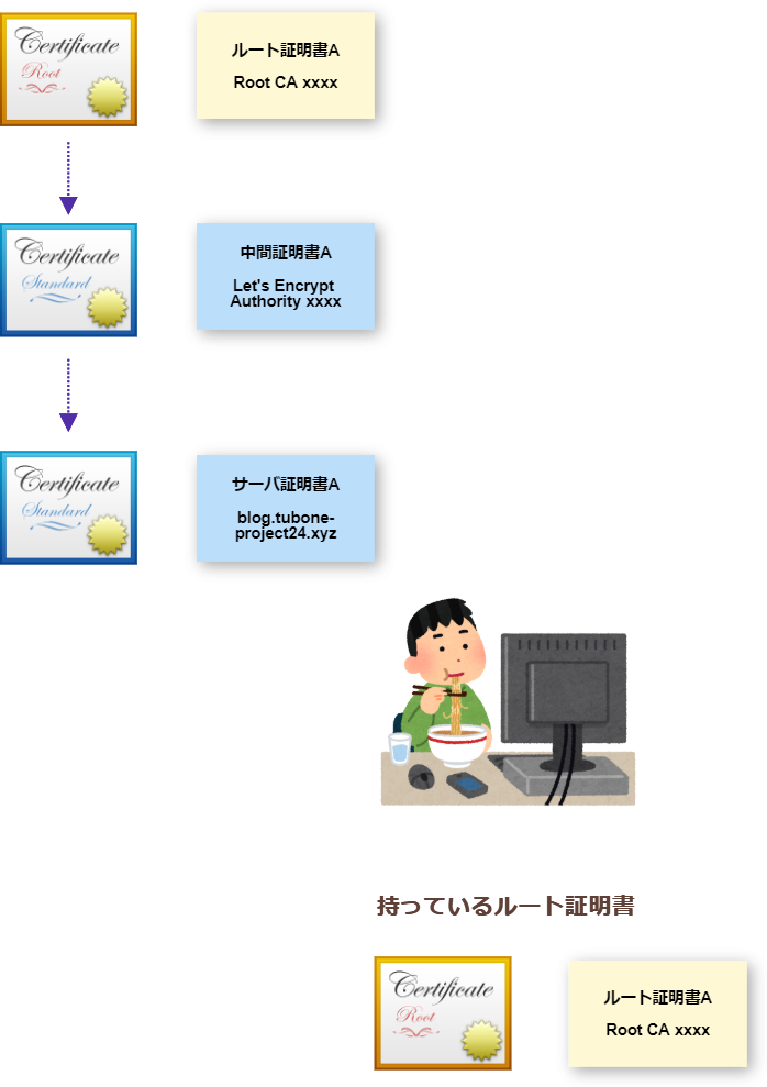 通常の証明書チェーンの図（サーバー証明書→中間証明書A→ルート証明書A）