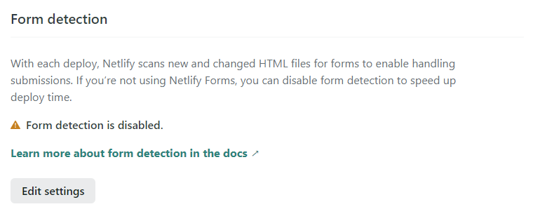 NetlifyのForm detection設定を無効化する画面