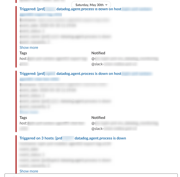 Slackに大量のDatadog監視アラートが通知されている画面