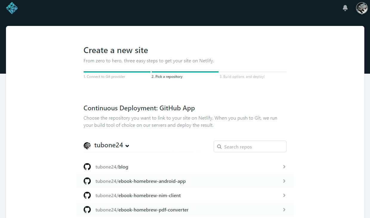 NetlifyのGitHub連携画面でデプロイするレポジトリを選択する画面