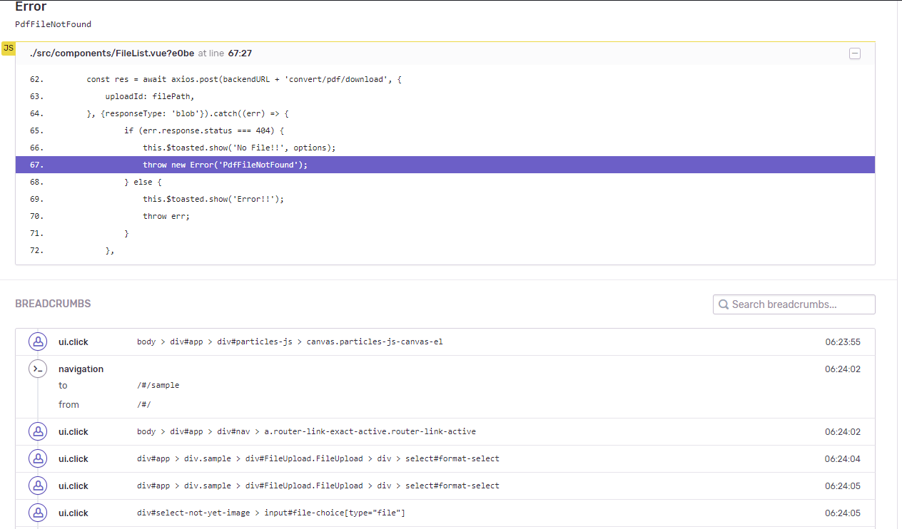Sentryのエラー詳細画面:エラーが発火したコード位置が表示されている