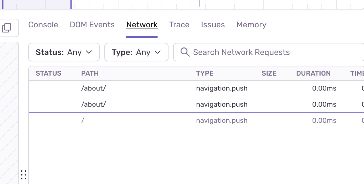 Session ReplayのNetworkタブでSSGページ遷移時のリクエストを確認している画面