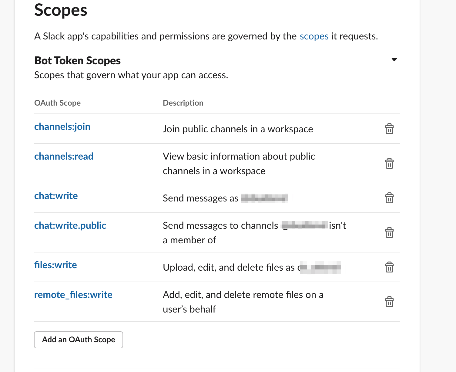 Slack APIのOAuth & Permissionsページでトークンを確認する画面