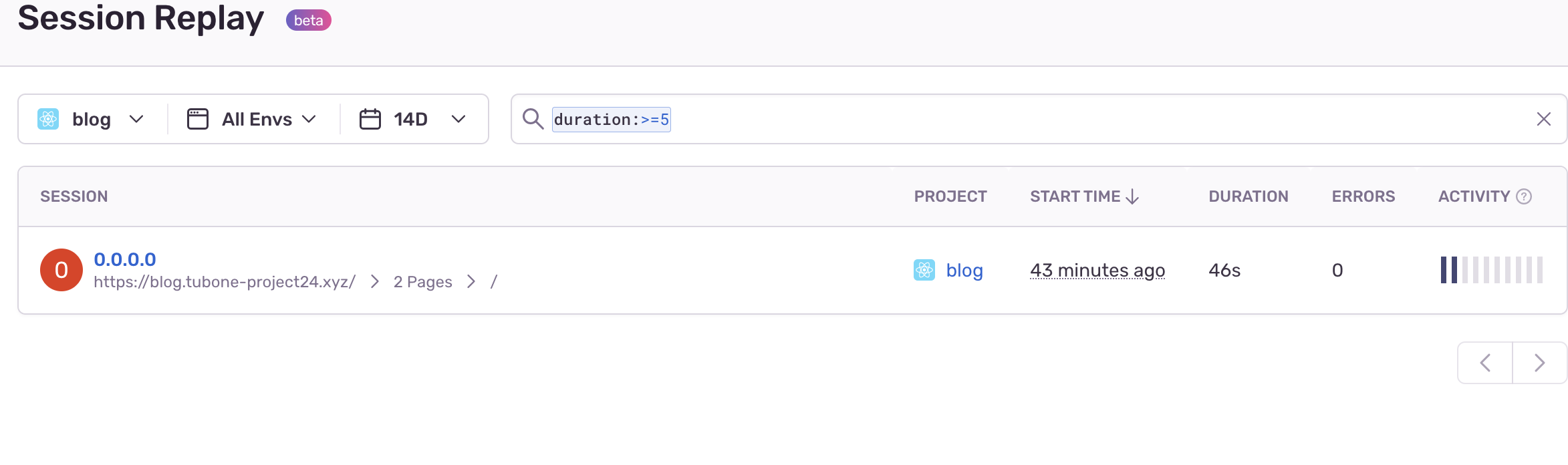Session Replayの一覧画面にサンプリングされたリプレイが表示されている