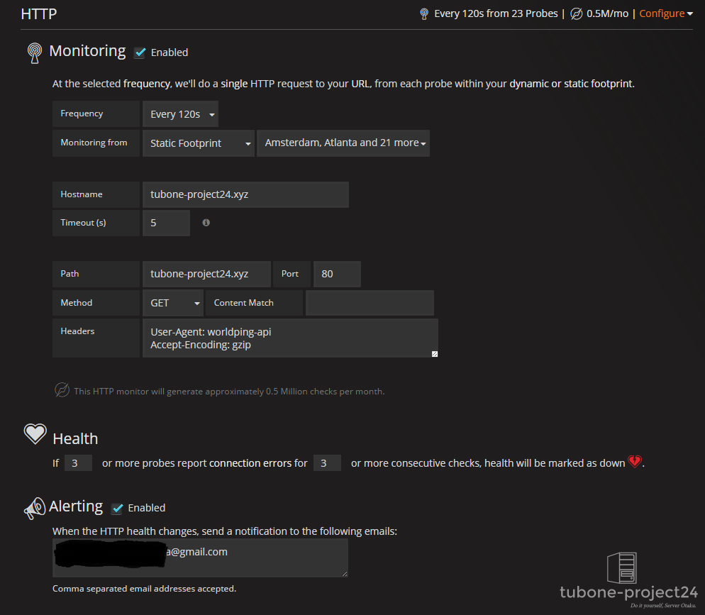 World Pingの監視詳細設定画面で監視間隔やHTTPメソッドなどを設定する様子