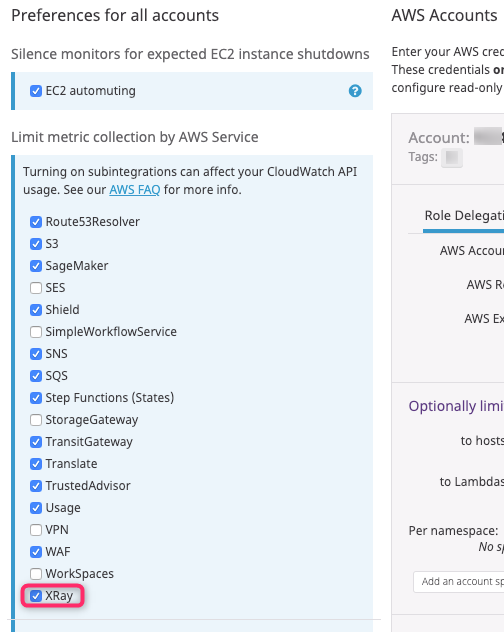 DatadogのAWS IntegrationでX-Ray収集を有効化する設定画面