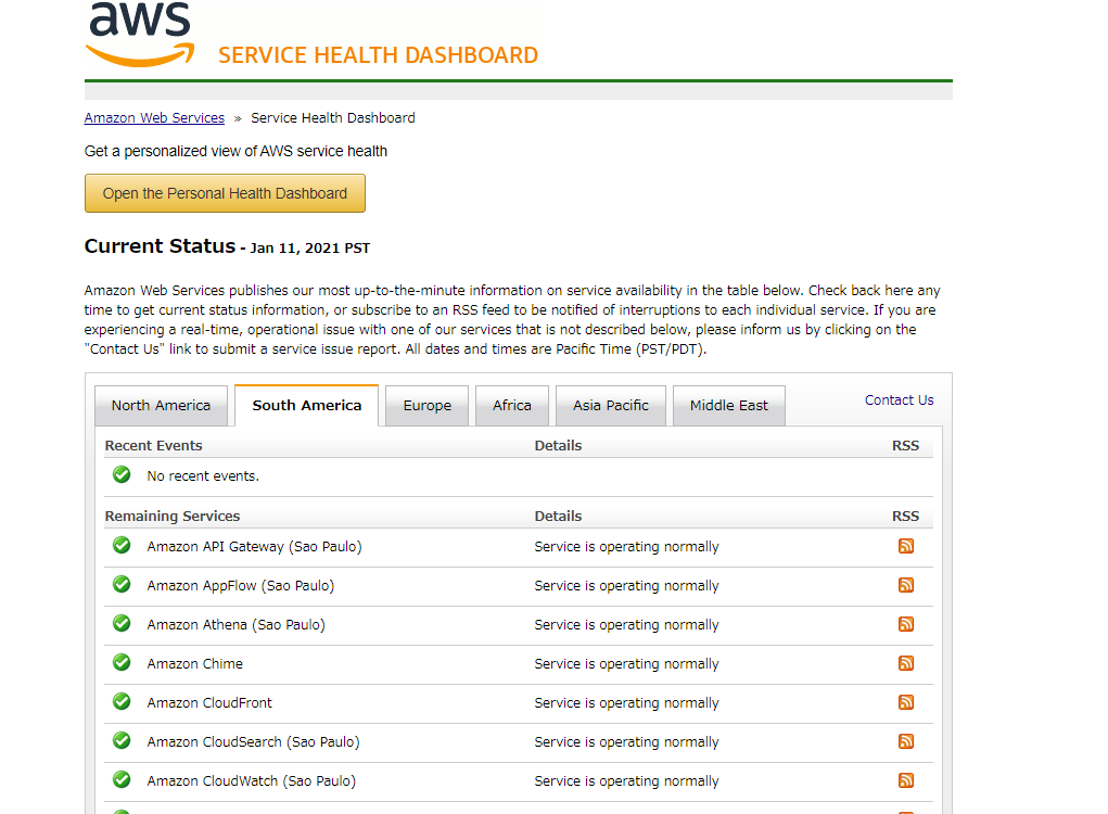 AWS Service Health Dashboardの画面：リージョン別のステータス一覧