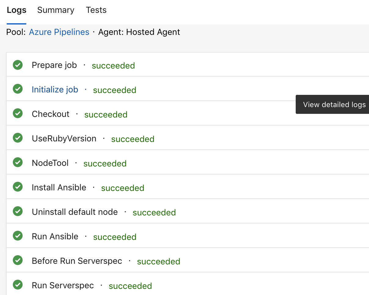 Azure DevOps Build PipelineでAnsibleとServerspecのCIが成功した結果画面