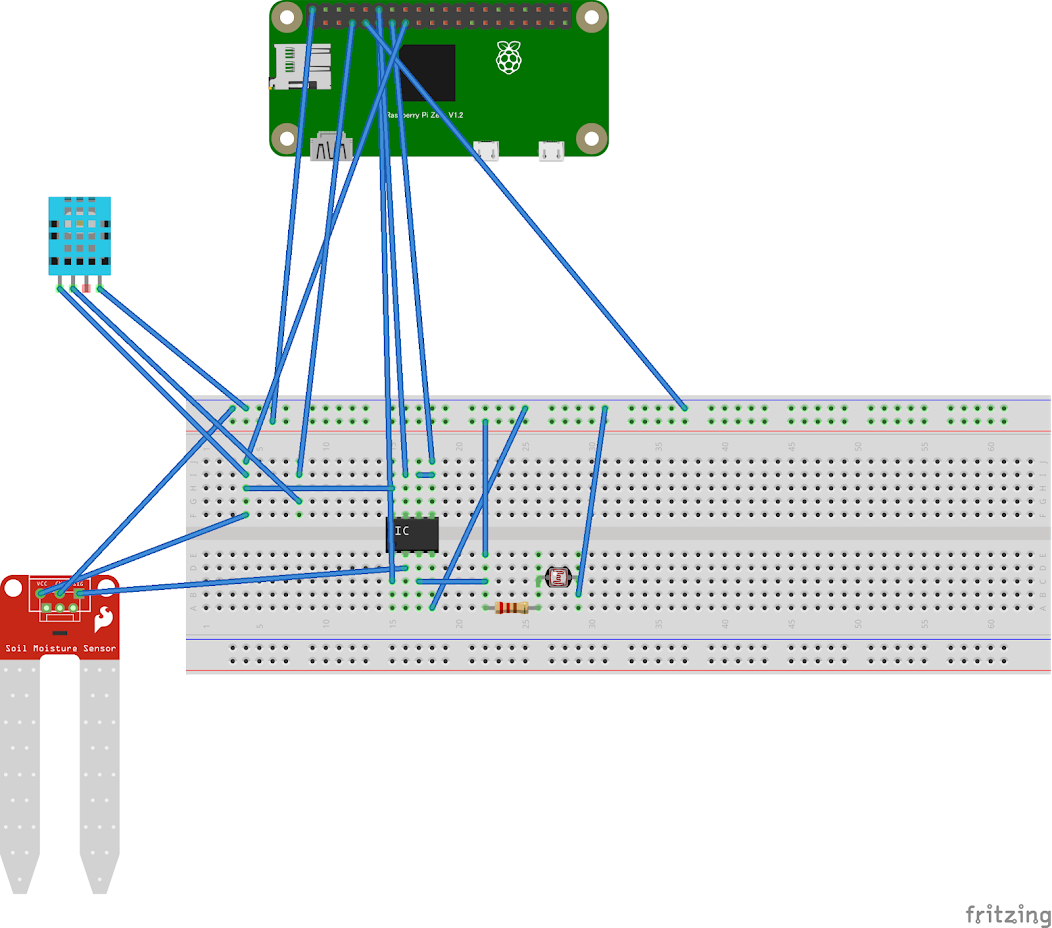 センサー回路の配線図（土壌センサー・フォトレジスタ・DHT11とADC0832の接続構成）