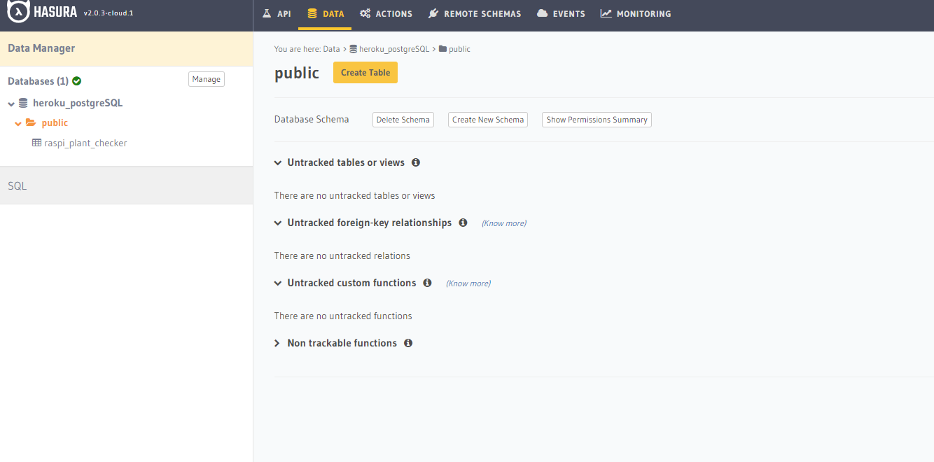 Hasura Cloudでスキーマとテーブルの作成が可能になった画面