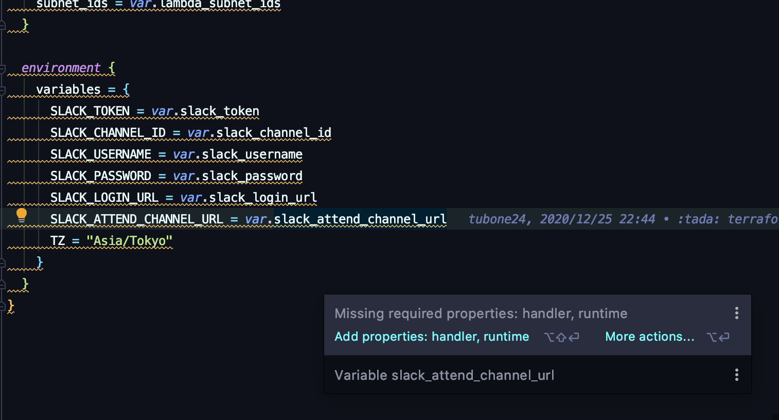 IntelliJ IDEAでhandlerとruntimeが未設定の警告が表示されているTerraformコード