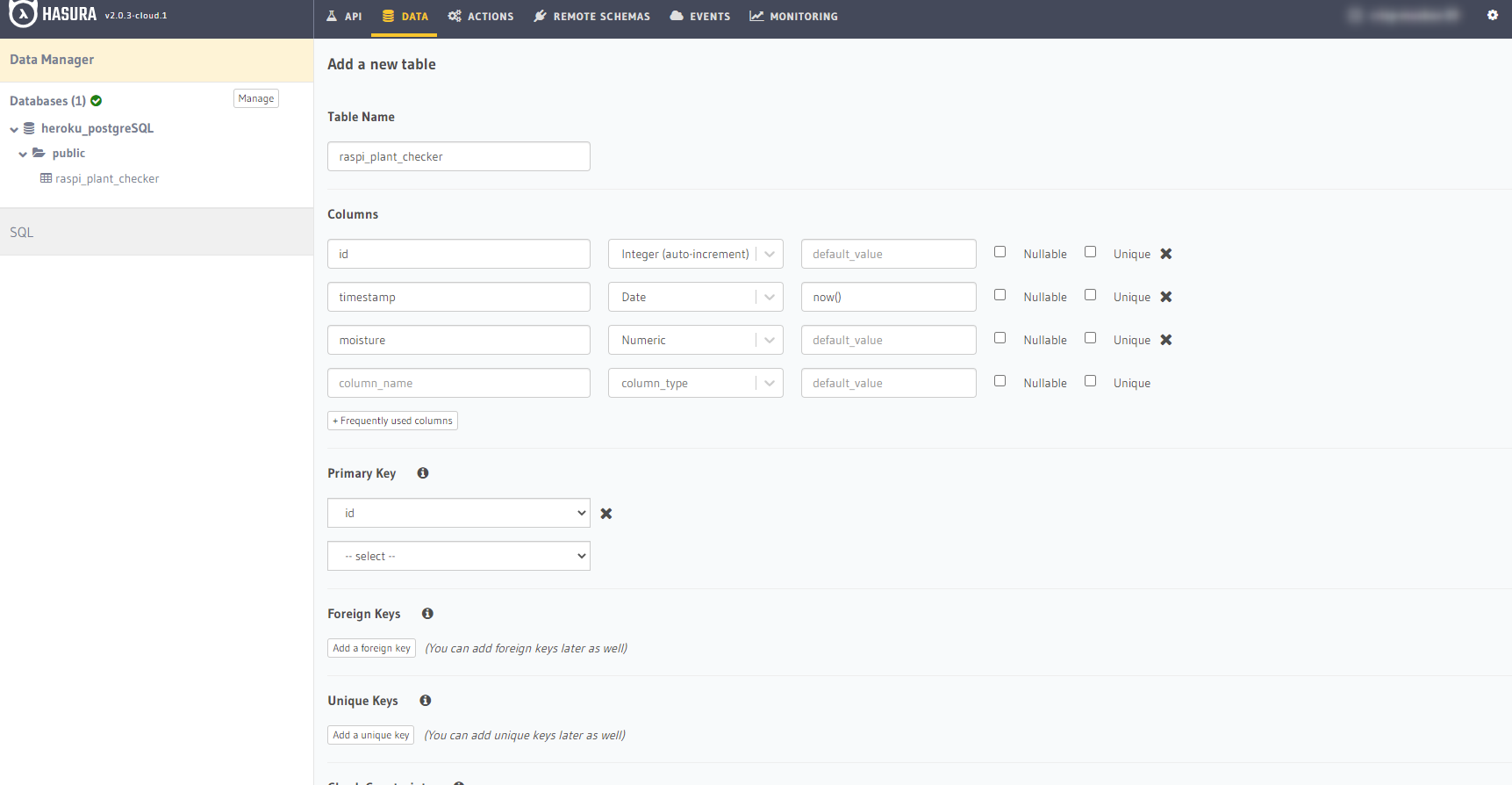 Hasura Cloudのcreate tableでテーブルを作成する画面