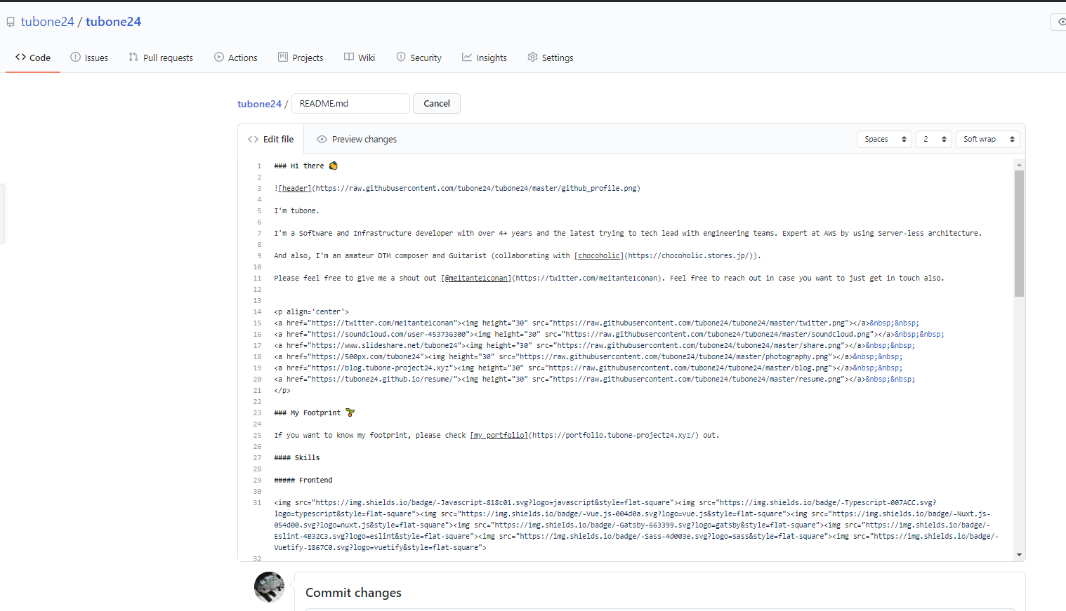 GitHub Profile READMEのMarkdown編集画面