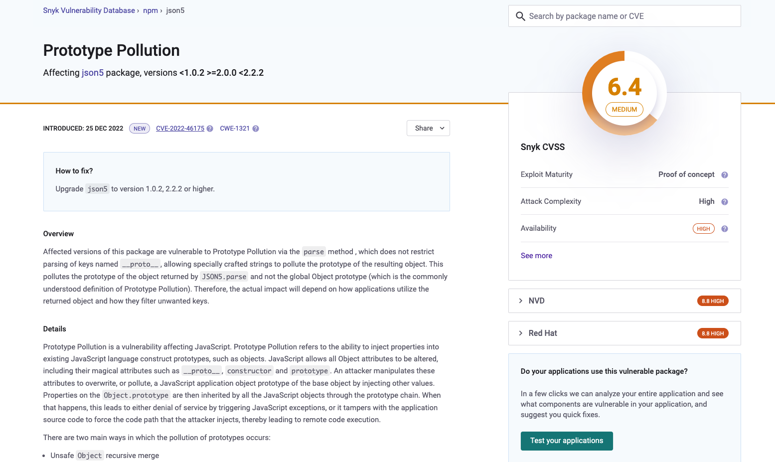 Snykの脆弱性レポート画面で修正方法やリファレンスが表示されている様子
