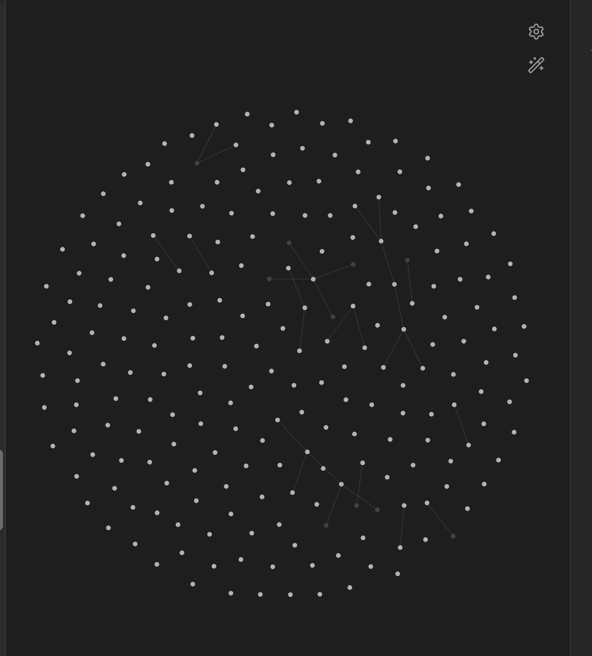 Obsidianのグラフビューがバラバラに散らばっている様子。ノート同士のリンクがほとんどなく、孤立したノードが点在している