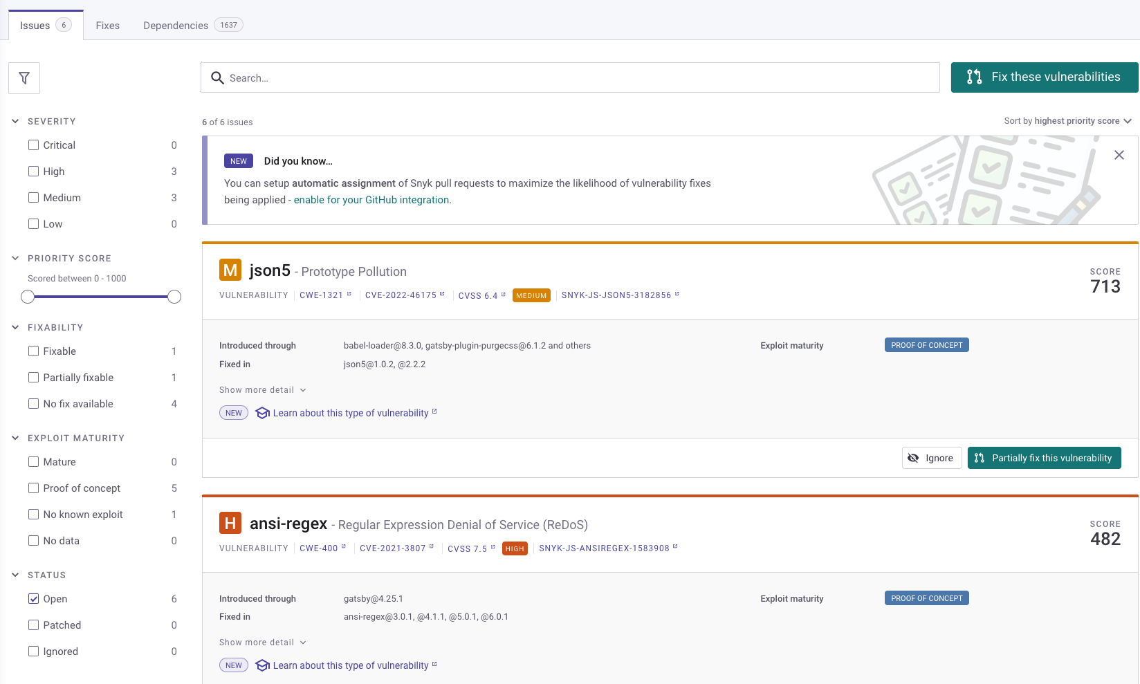 SnykダッシュボードでGitHubリポジトリ連携後に脆弱性が自動検出されている画面
