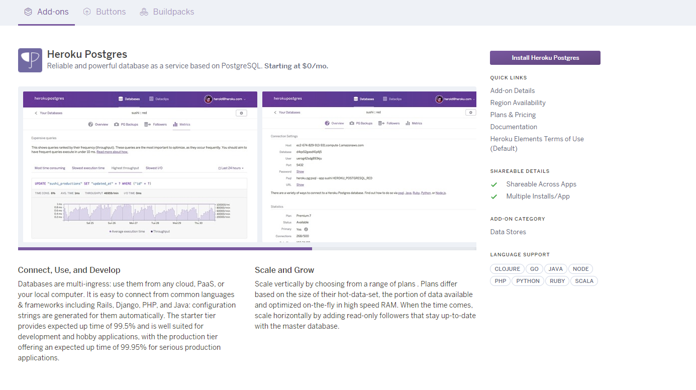 HerokuダッシュボードのAddonsからHeroku PostgreSQLを選択する画面