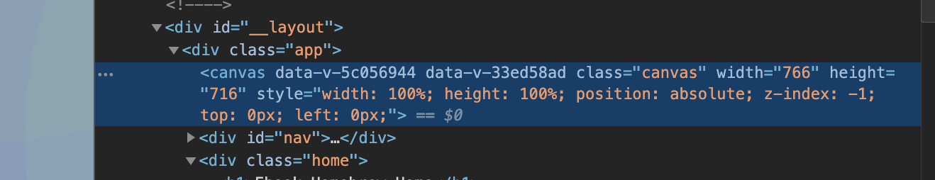 開発者ツールでparticleのcanvasタグを確認している様子
