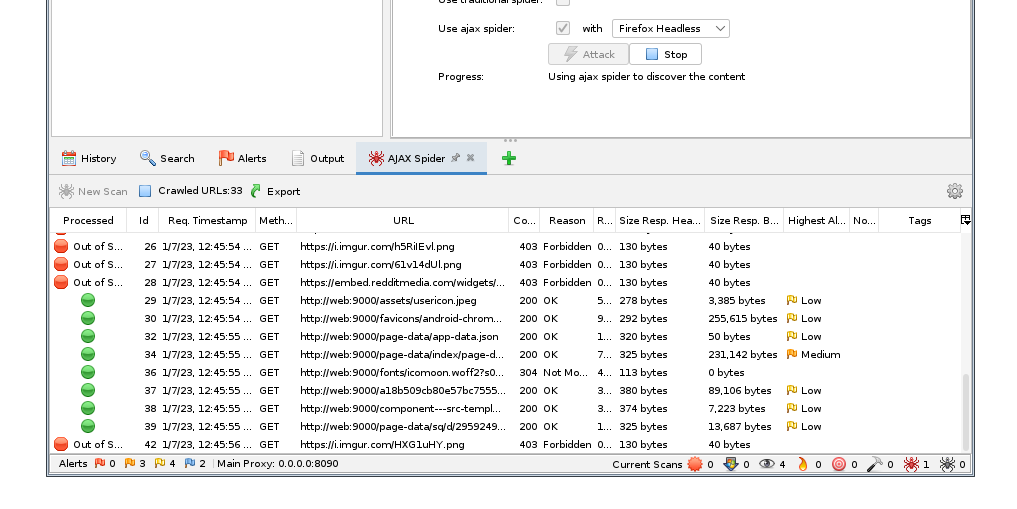 Ajax Spiderがサブツリーのエンドポイントを収集している進行画面