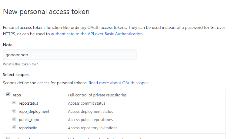 GitHubのPersonal access tokens発行画面でスコープを選択している様子