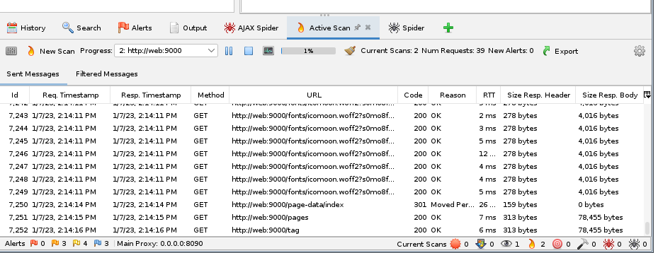 OWASP ZAPのPassive ScanとActive Scanが進行中のスキャン画面