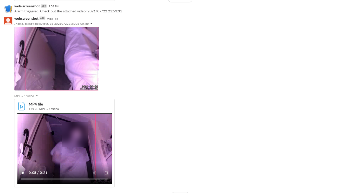 動体検知時にSlackに通知された画像と動画の投稿画面