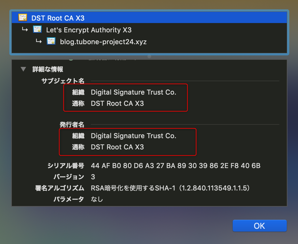 DST Root CA X3のルート証明書詳細（自己署名証明書）