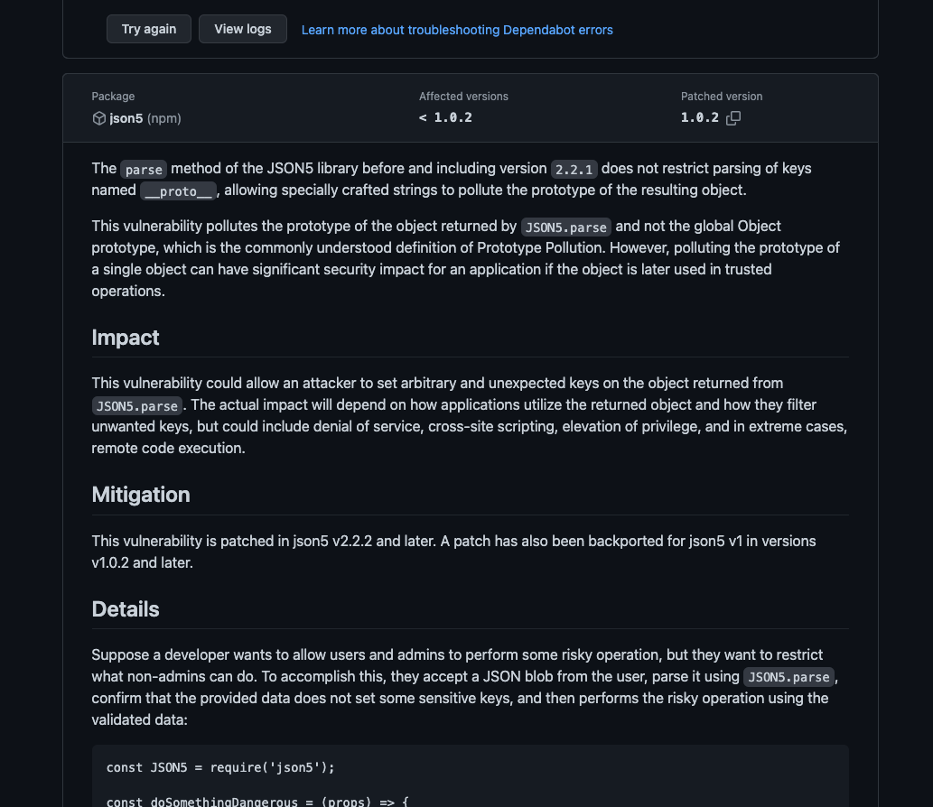Dependabotの脆弱性アラート画面との比較