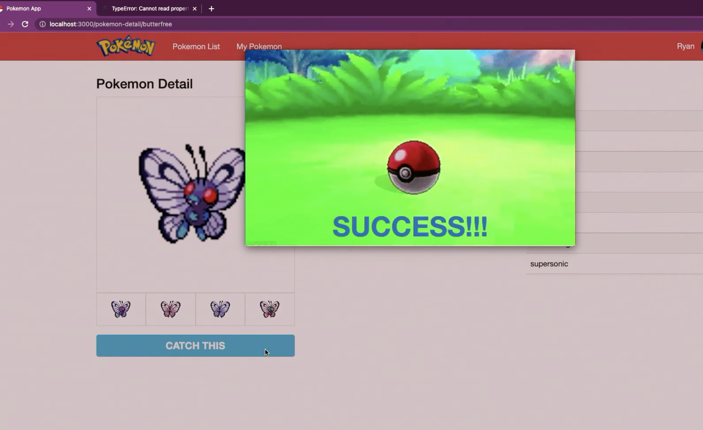 Sentry Session Replayの公式デモでポケモン捕獲アプリのエラーを確認している画面