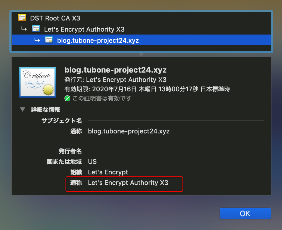 tubone-project24.xyzのSSL証明書情報（Let's Encrypt Authority X3発行）