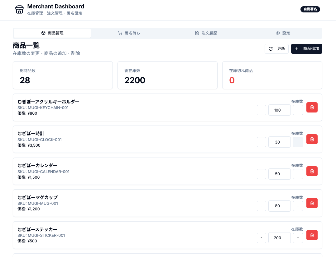 お店側の管理画面（商品管理・注文履歴・署名操作）