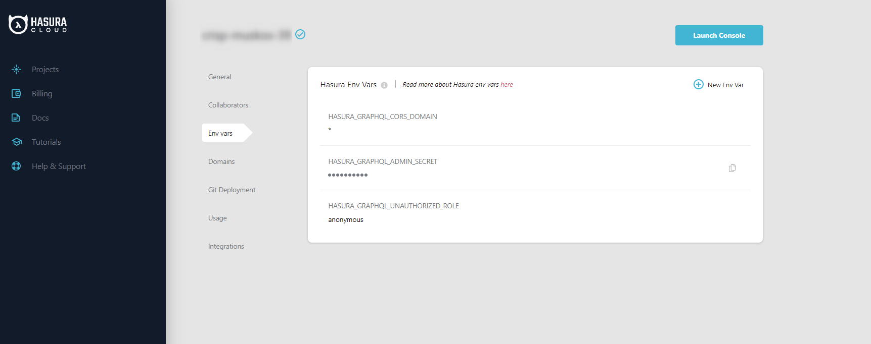 Hasura Cloudの環境変数にUNAUTHORIZED_ROLEを設定する画面