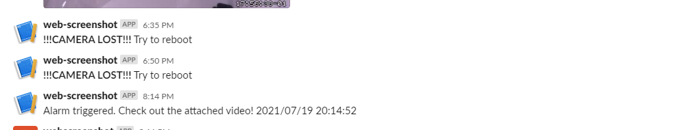 カメラモジュールのハング検知がSlackに通知された画面