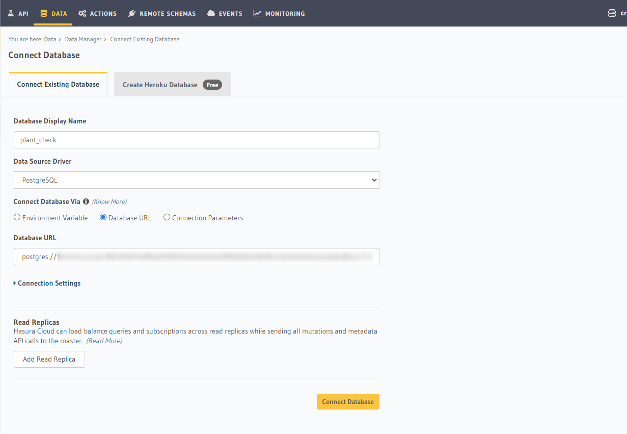 Hasura CloudのData画面でDB接続設定を行う画面