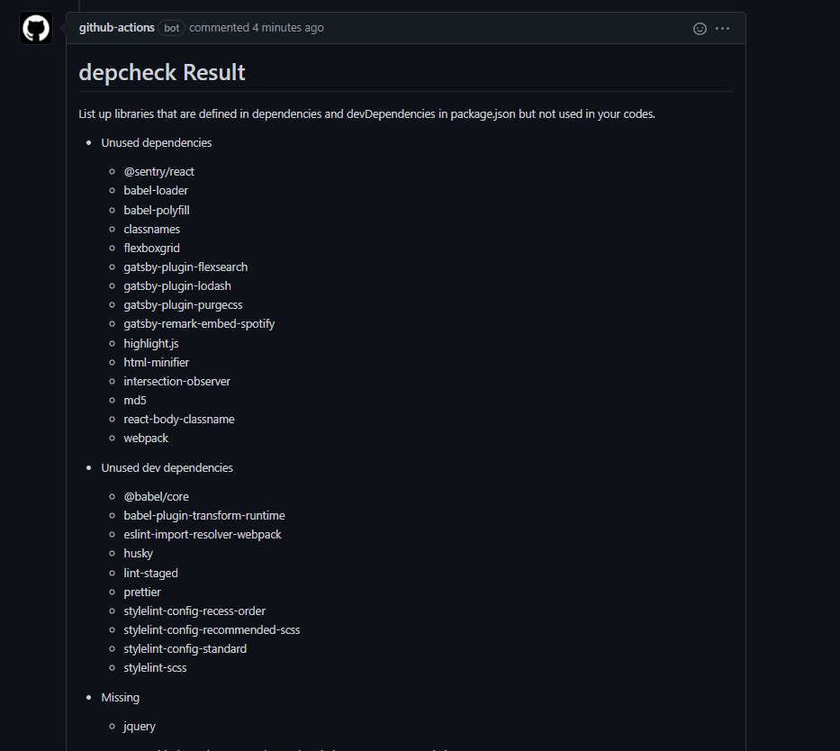 depcheck ActionによるPRコメントへの未使用ライブラリ一覧出力結果