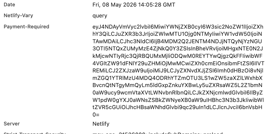 402 レスポンスに含まれる PAYMENT-REQUIRED ヘッダーの値（Base64文字列）が DevTools に表示されている様子