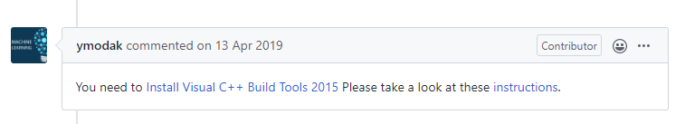 TensorFlowのGitHub IssueでVisual C++ 2015が必要と回答されている画面