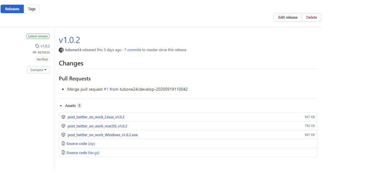 GitHub ReleaseにWindows・Mac・Ubuntuの各バイナリがアップロードされた画面